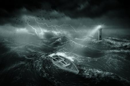 海，风暴，船，灯塔，闪电，雷暴