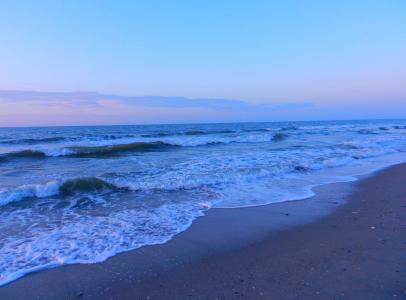日落，天空，海，波浪，岸，沙子