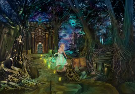 童话故事，幻想，古代书籍，晚上，仙境，盖茨，女孩，魔术，城堡，梦想家
