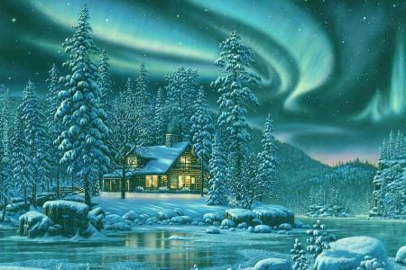 冬天，房子，雪，晚上，光辉