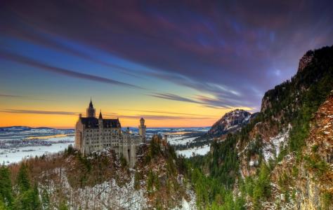 新天鹅堡，城堡，山，德国，冬天，天空，日落