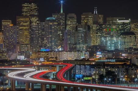 旧金山，城市，灯光，照明，道路，摩天大楼，美容