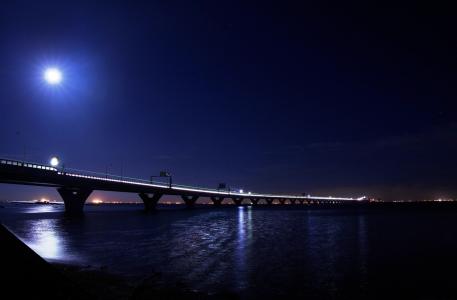 城市，桥，灯，水，光，月亮，河，光，晚上，月亮，桥