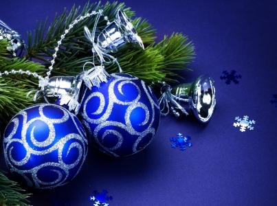 球，银色，蓝色，钟声，圣诞树，亮片