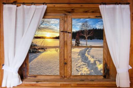 窗口，窗帘，景观，冬天