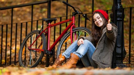 女孩，自行车，围栏，帽子，叶子，秋天