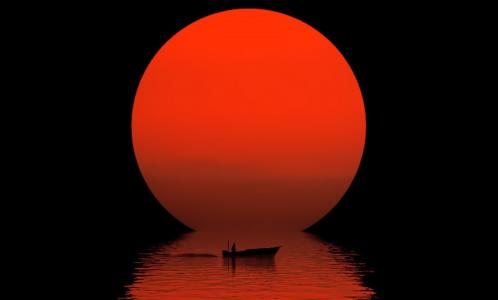 红色夕阳，船，水，黑色背景，侯赛因扎雷