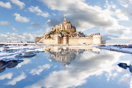 云，法国，圣米歇尔山诺曼底，反射，城堡