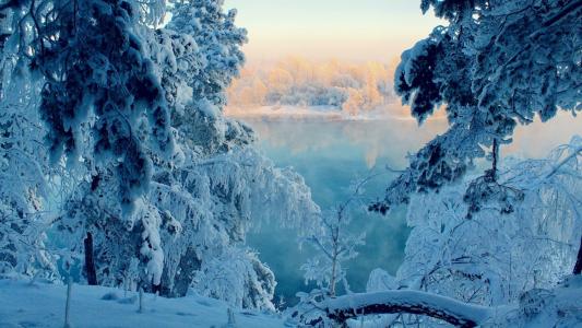冬天，山，雪，树，路，太阳，天空，蓝色