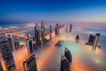 城市，迪拜，阿拉伯联合酋长国，摩天大楼，雾