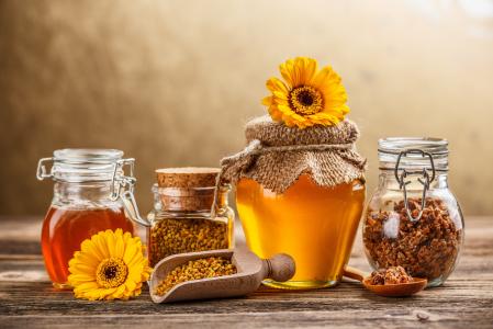 蜂蜜，罐子，蜂胶，汤匙，鲜花，罐头，甜