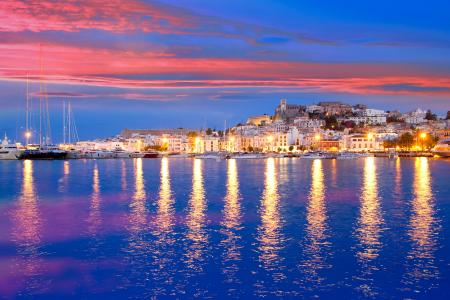 西班牙，Eivissa，伊维萨岛，海，海岸，房屋，码头，游艇，日落，灯，灯