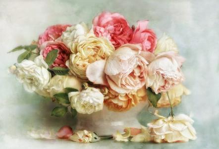 花瓶，鲜花，玫瑰，花蕾，粉彩，渲染，Lizzy Pe