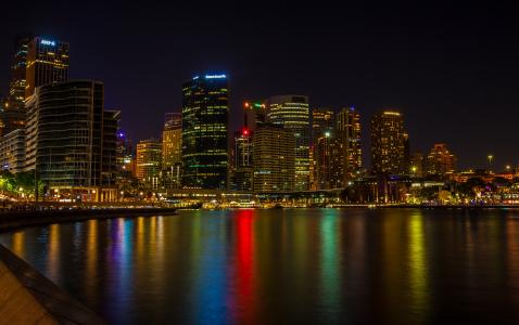 澳大利亚，摩天大楼，河，悉尼，夜，城市