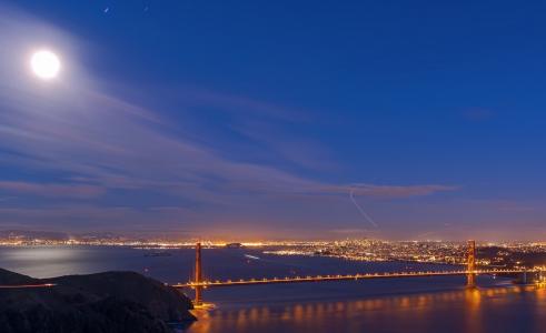 旧金山，桥，天空，月亮，城市，灯光，照明，美女，海湾，水
