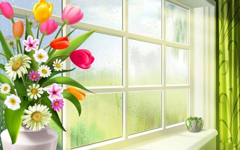 春天，鲜花，洋甘菊，郁金香，绿色，花瓶，锅，玻璃，窗口，窗台