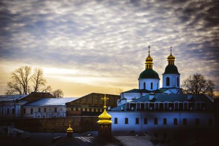 教堂，寺庙，乌克兰，基辅，晚上，基辅，Рechersk，修道院，圆顶