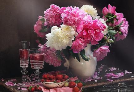 牡丹，花束，眼镜，草莓，手提箱，静物，匡Volodyko