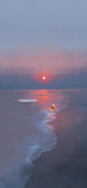 夕阳海边艺术手绘