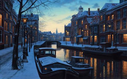 灯，绘画，船，荷兰，阿姆斯特丹，冬天的暮光之城，荷兰，晚上，尤金尼lushpin
