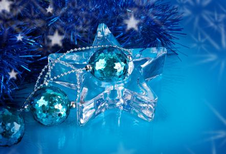 新年，圣诞节，明星，透明，球，蓝色，装饰，亮片，毛皮树，玩具，金属丝，雨，蓝色，风景