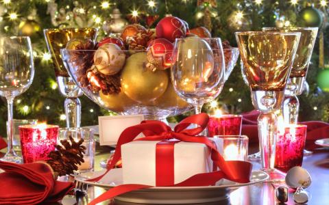表，新年，毛皮树，玩具，礼物，度假，香槟