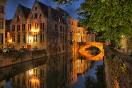 比利时，布鲁日，建筑物，桥，运河，灯，照明，树木，美女，夜