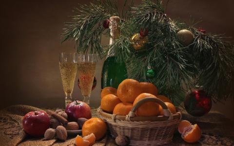 松树，香槟，水果