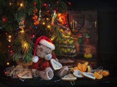 假期，新年，圣诞节，树，装饰，玩具，灯，玩具，泰迪熊，橘子，姜饼