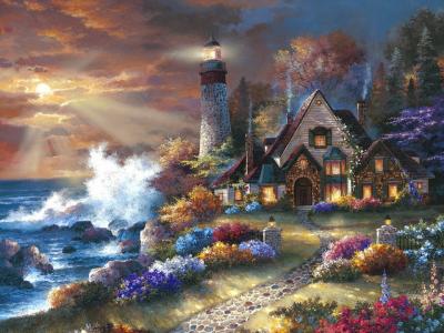 美国的风景，海边的灯塔，艺术家詹姆斯·李