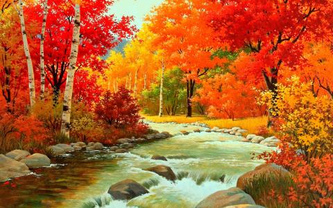 图片，性质，秋天，河，森林，山