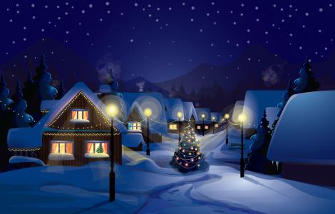 新年圣诞快乐圣诞树城镇房屋灯灯柱装饰品列雪圣诞快乐圣诞树树城市房屋灯光灯