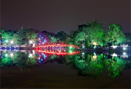 河内，湖剑，越南，桥，晚上，反射