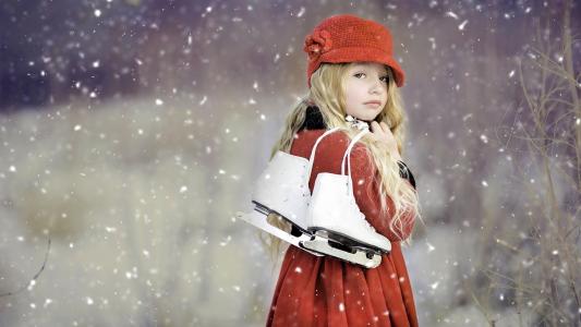 孩子，女孩，金发，卷发，看，外套，帽子，溜冰鞋，冬天，雪，分支机构