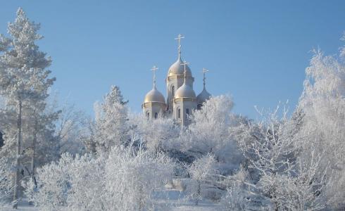 冬天，寺庙，教堂，白霜，美丽