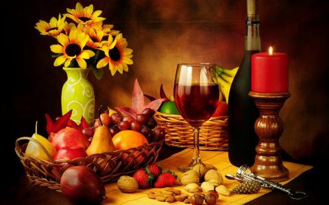 花，梨，坚果，葡萄，玻璃，水果，酒，草莓，苹果，篮子，瓶，蜡烛，静物