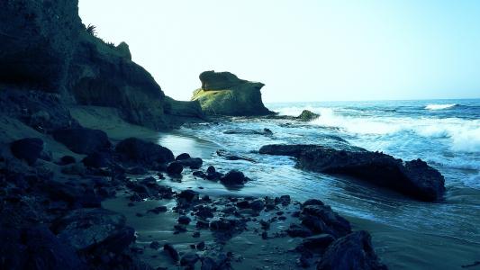 波浪，石头，自然，岸，沙，海