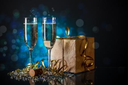 眼镜，香槟，度假，新的一年，蛇纹石，闪闪发光，闪亮金属片，礼物，框，散景