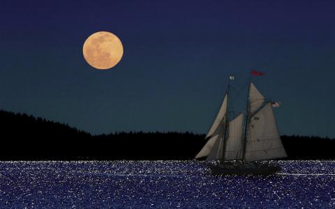 帆船，船，湾，月亮，美丽