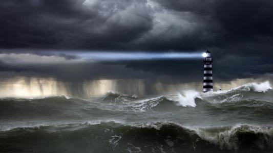 旋风，风暴，波，雨，灯塔，光，海，海洋，云，阴天，元素，风