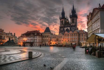 市政厅，布拉格，早上，广场，城市，景观