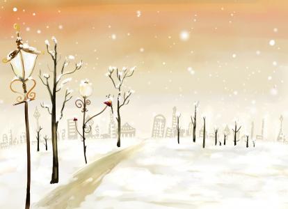 绘图，新年，冬天，雪，灯笼，树木，路，房子，灯