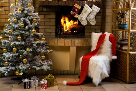 圣诞节，礼物，壁炉，假日，圣诞树，香槟，眼镜