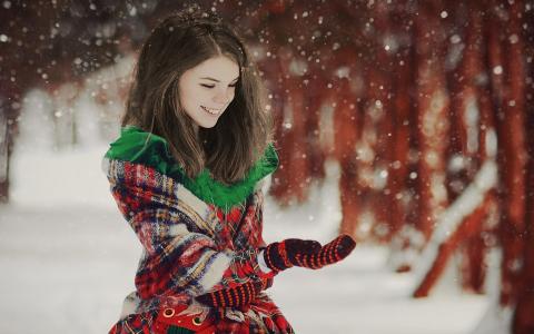 美丽，冬天，下雪，欢乐，幸福，女孩，微笑