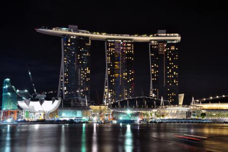 海，夜，码头，城市，酒店，灯，新加坡