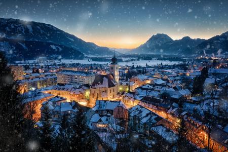 奥地利，城市牌照，晚上，雪