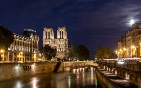 桥，法国，街道，房屋，巴黎，灯，运河，晚上，灯，河