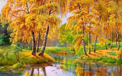 桦木，河，秋天，图片