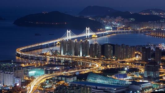 韩国，夜，城市，灯，桥，照明，建筑，山，水，海岸，摩天大楼，美容
