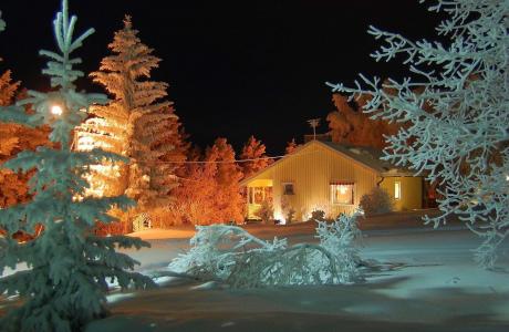 冬天，晚上，房子，雪，美丽